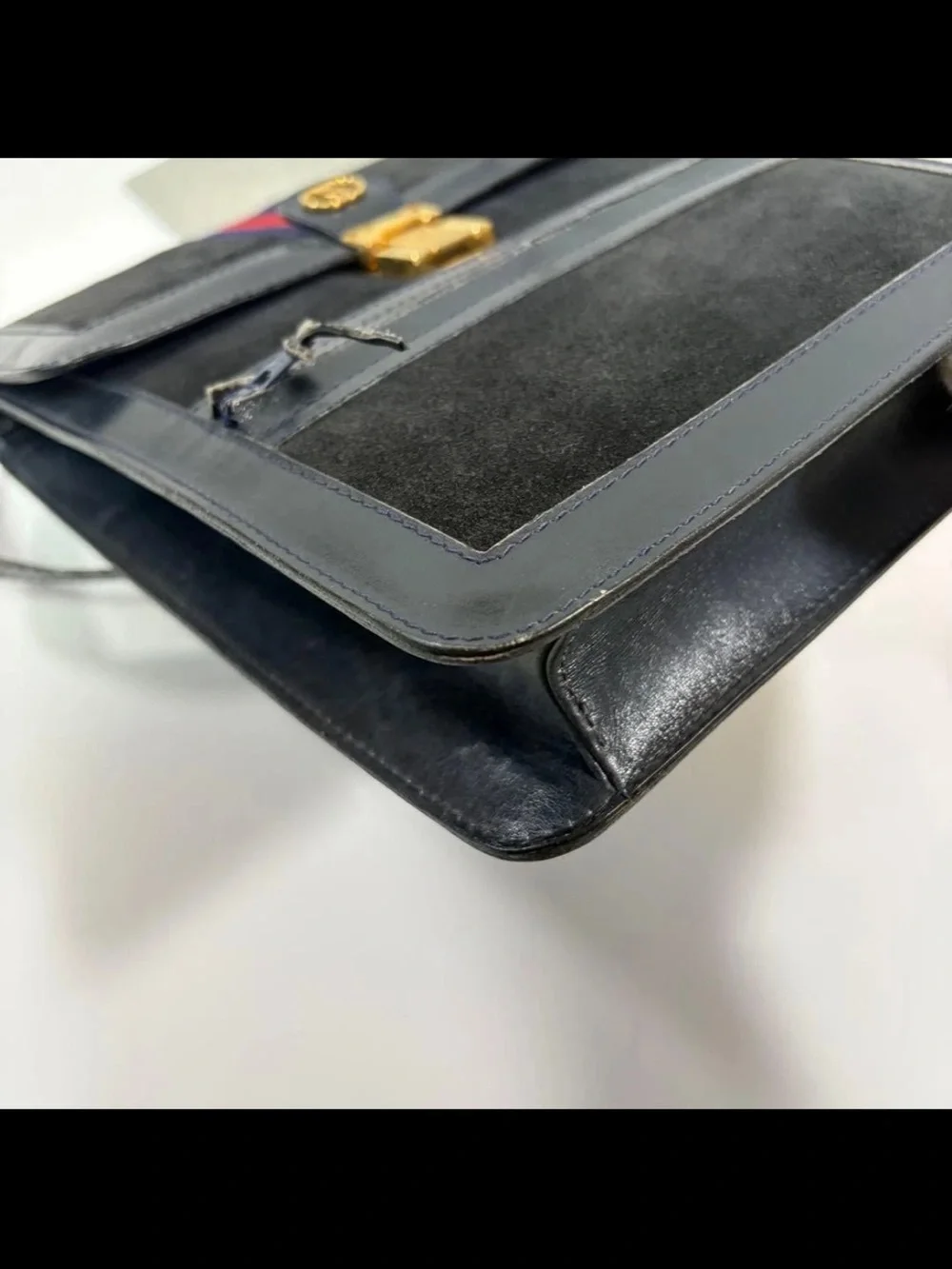 Gucci Black Suede Messenger Bag with Red & Blue Web Stripe